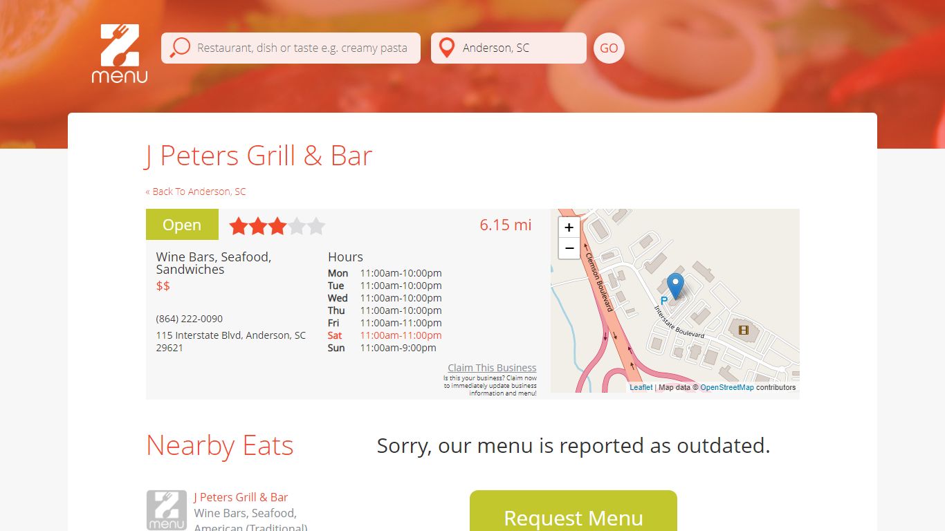 Online Menu of J Peters Grill & Bar Restaurant, Anderson, South ...